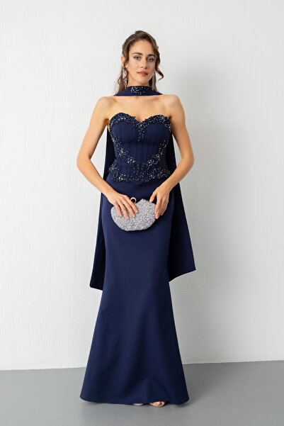 Lafaba Kadın Lacivert Güpür Aplikeli Balen Korse Detay Uzun Söz Nişan Abiye Elbise