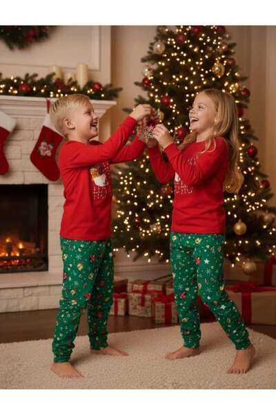 Elidabutik New Year / New Year Unisex Hohoho 100% Cotton Children's Pajamas Set