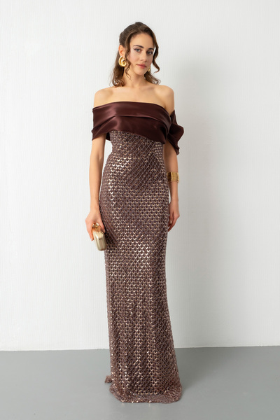 Lafaba Kadın Kahverengi Yaka Detay Boncuklu Uzun Abiye Elbise