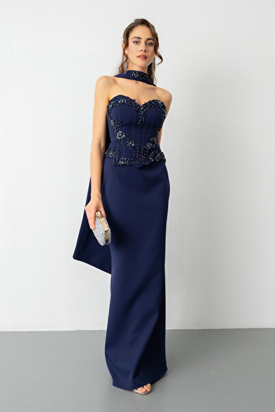 Lafaba Kadın Lacivert Güpür Aplikeli Balen Korse Detay Uzun Söz Nişan Abiye Elbise