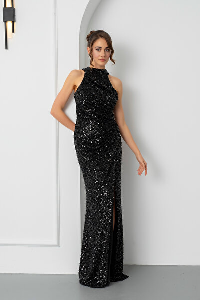 Lafaba Γυναικείο βραδινό φόρεμα με μαύρες παγιέτες και κέντημα ψαριού