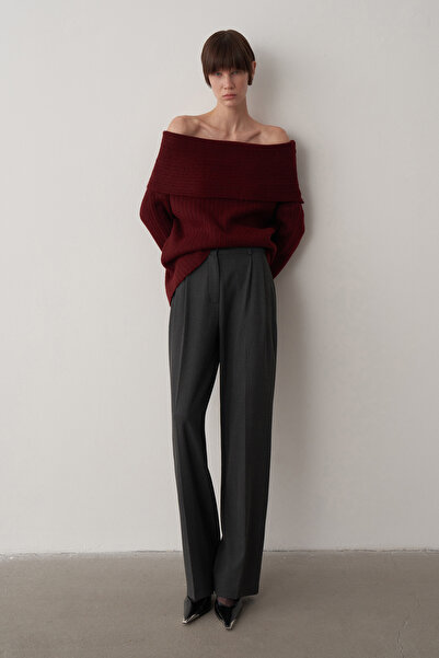 Mathilda Store Bordo Kayık Yaka Triko Kazak