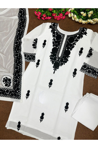 MYSMAR Black Faux Georgette Salwar Kameez & Dupatta - FFT1219 | Black