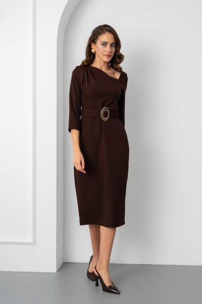 Lafaba Γυναικείο φόρεμα με λεπτομέρεια καφέ ζώνης Midi Event