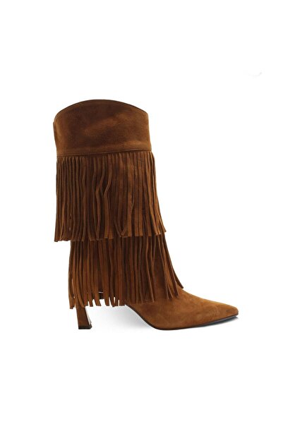Vario Genuine Suede Leather Tasseled Thin-Heeled Boots E13 Suede Sigaro