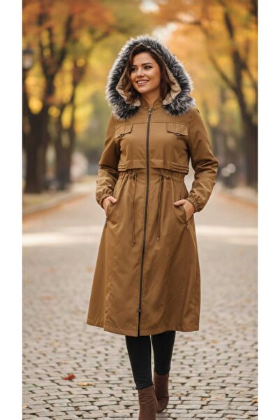güncüoğlu Hooded Long Coat with Fur Inside, Length 110cm