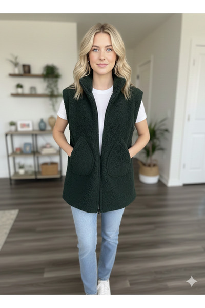 TUBA TOPTAŞ Teddy Fabric Zippered Plush Vest with Pockets Soft Textured Thick Women's Vest