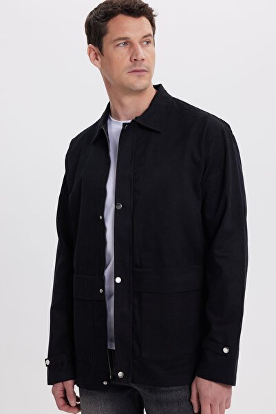 Tudors Men's relaxed fit comfortable cut 100% cotton double pocket zip-up black jacket shirt