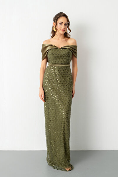 Lafaba Γυναικείο μακρύ βραδινό φόρεμα με λεπτομέρεια από οργάντζα με παγιέτες και γιακά χακί