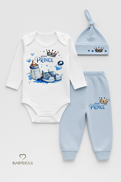 BABYDEN'S Little Prince 3-Piece Baby Boy Set – Long Sleeve 100% Cotton Bodysuit, Pants and Hat Set Blue