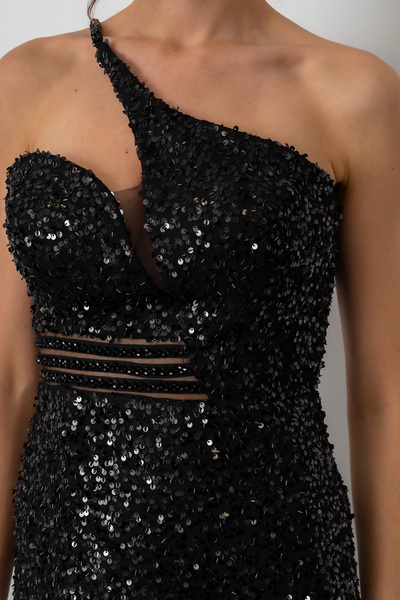 Lafaba Women's Black Waist Transparent Slit Sequined Long Evening Dress