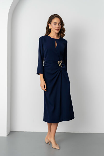 Lafaba Γυναικείο Μίντι Φόρεμα με λεπτομέρεια μπλε ναυτικό