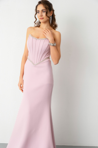 Lafaba Women's Powder Strapless Stone Peplum Cut Promise Engagement Wedding Evening Dress