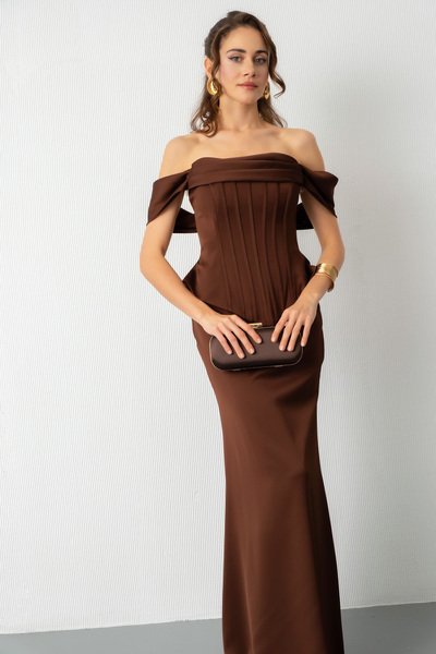 Lafaba Women's Brown Boat Neck Underwire Peplum Cut Satin Evening Dress