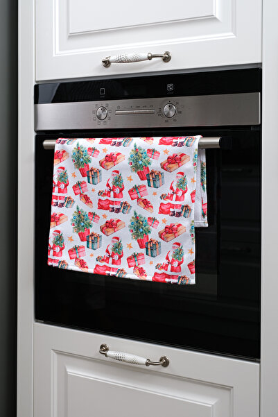 ASDİVA Yılbaşı Temalı Noel Baba Çam Hediye Detaylı Dekoratif Mutfak Fırın Kurulama Bezi Beyaz - 35x55cm