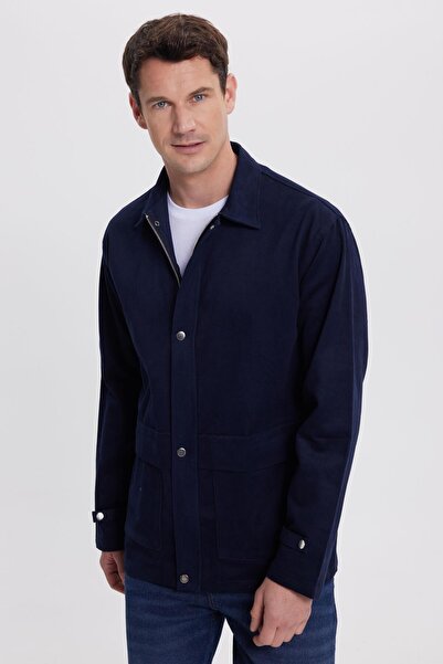 Tudors Men's Relax Fit Comfortable Cut 100% Cotton Double Pocket Zippered Navy Blue Coat Shirt