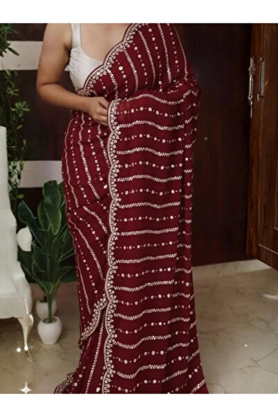 MYSMAR Maroon Fendy Saree - FFT5550 | Maroon