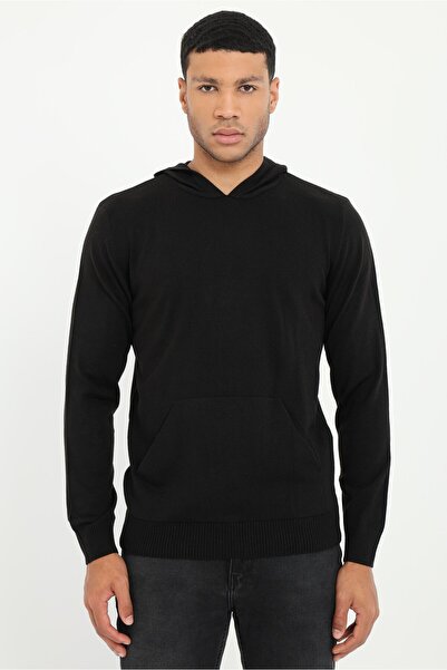 Dufy Siyah Uzun Kollu Kapüşonlu Slim Fit Erkek Triko