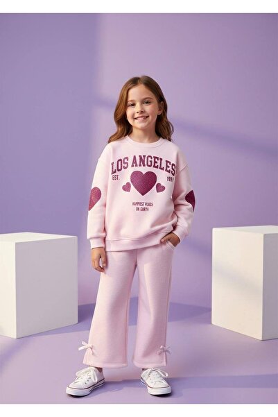MİNİKO KİDS Girls' Heart-Patterned Wide-Leg Tracksuit Set