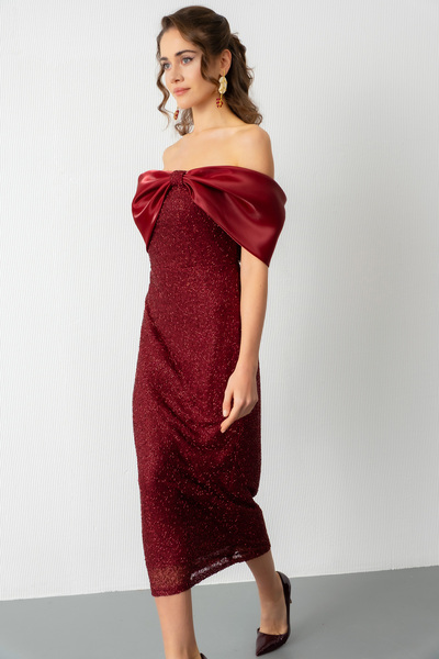 Lafaba Women's Burgundy Collar Detail Beaded Midi Promise Engagement Evening Dress