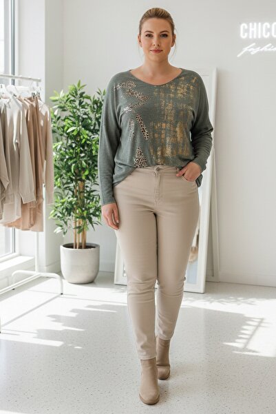 Chiccy Italian Large Size Khaki Pool Neck Long Sleeve Varak B Printed Casual Knitwear Blouse 70 68