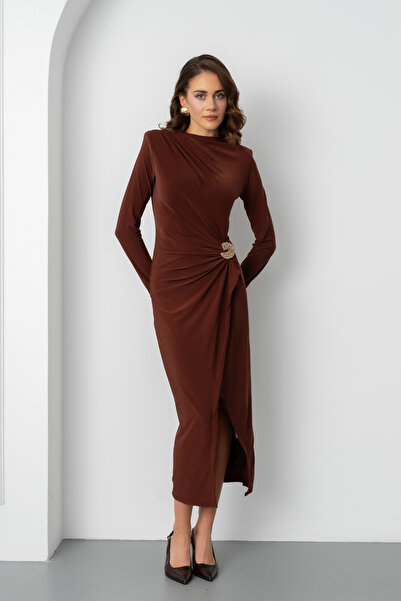 Lafaba Γυναικείο Καφέ Φόρεμα Μίντι με Λεπτομέρεια Αξεσουάρ