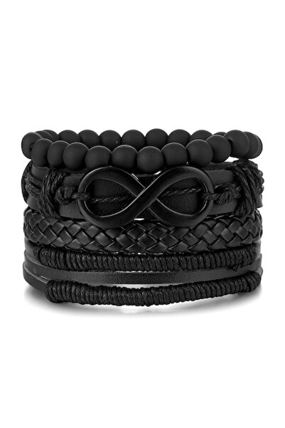OEM Set de brățări din piele cu pandantiv infinit, reglabile, unisex, negre
