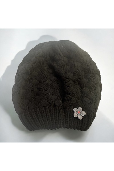 ALS Tasarım Dünyası Black Color Knitted Model Beanie and Vintage Brooch New Year Themed Combination