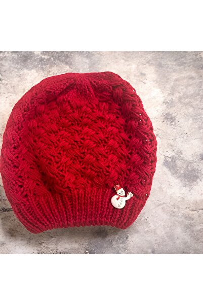 ALS Tasarım Dünyası Red Color Knitted Model Beanie and Snowman Brooch New Year Themed