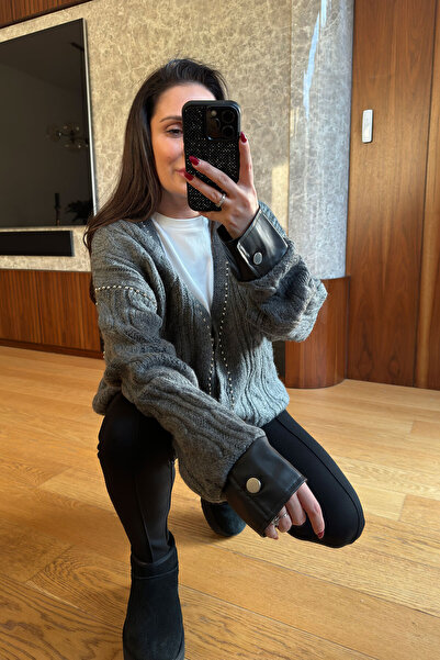 MAGARDE Leather and Metal Beaded Cardigan - Gray