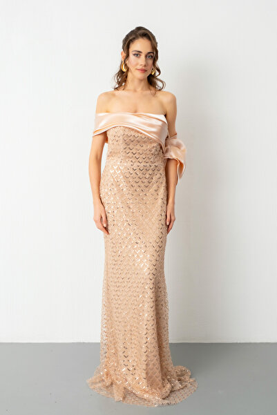 Lafaba Women's Gold Collar Detail Beaded Long Evening Dress