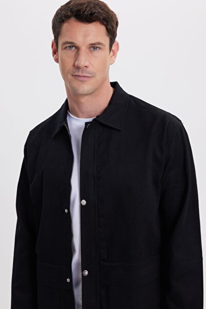 Tudors Men's relaxed fit comfortable cut 100% cotton double pocket zip-up black jacket shirt