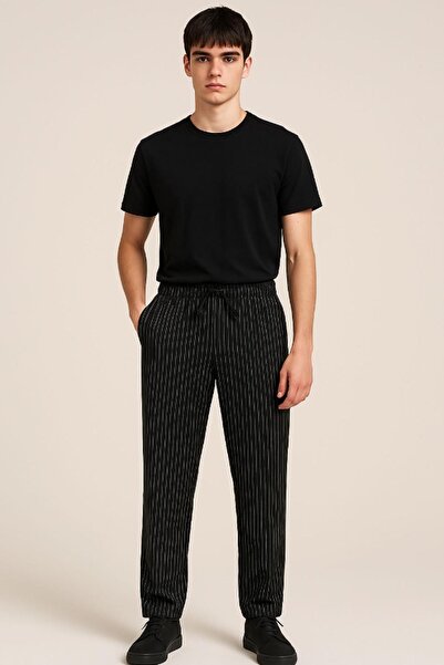 Netto İş Elbiseleri Men's Italian Black and White Striped Elastic Waist Chef Pants