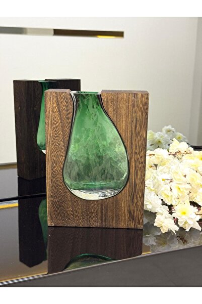 Şahane Wooden Detail Glass Vase-Small Tkebt Single Color