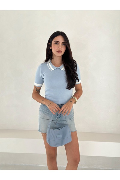 LAVRE Πλεκτή μπλούζα με λεπτομέρεια ρίγες, γιακά πόλο και κοντά μανίκια