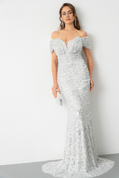 Lafaba Γυναικείο μακρύ βραδινό φόρεμα με κοντό μανίκι με παγιέτες