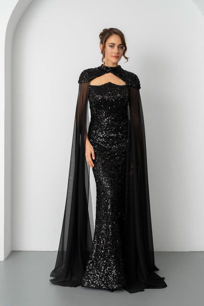 Lafaba Women's Black Tulle Cape Strapless Long Sequin Evening Dress