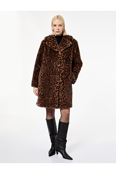 Koton Faux Fur Coat Leopard Print Long Sleeve with Pockets
