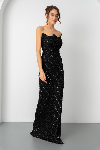 Lafaba Women's Black Strapless Beading Embroidered Long Evening Dress