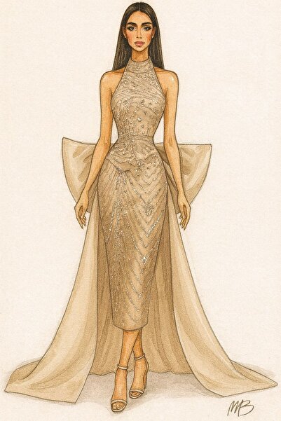 New Moon فستان سهر ه فاحر مطرز خرز انيق لون بيج مع ذيل