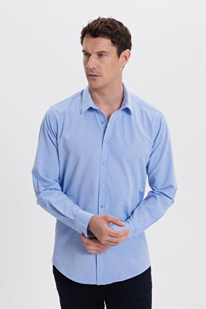 Tudors Men's modern fit slim cut cotton easy iron dobby blue shirt