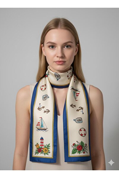 sema aksesuar Marine Patterned Long Scarf - Sailboat, Anchor, Floral Pattern - Gift