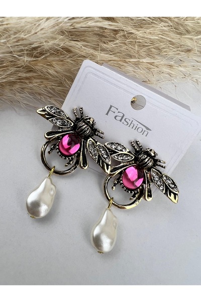 VELİT VOLA أقراط نسائية على شكل نحلة من الحجر الوردي مع اللؤلؤ