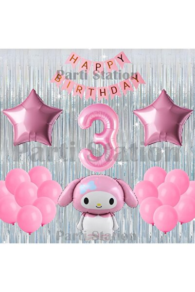 Parti Station Kuromi My Melody Concept 3Rd Birthday Balloon Set with Pink Num...