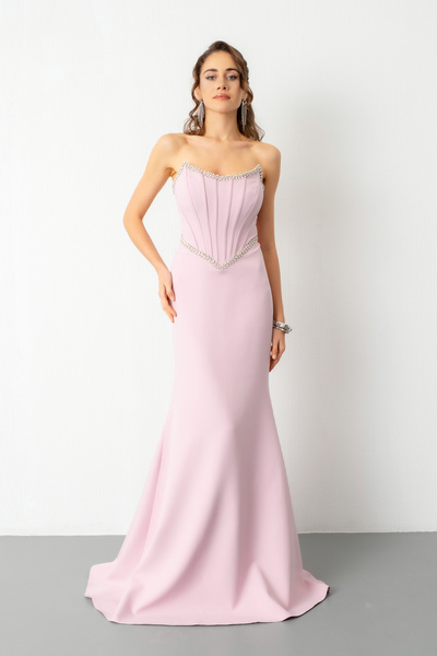 Lafaba Women's Powder Strapless Stone Peplum Cut Promise Engagement Wedding Evening Dress