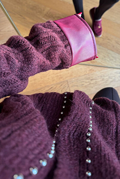 MAGARDE Leather and Metal Beaded Cardigan - Bordo