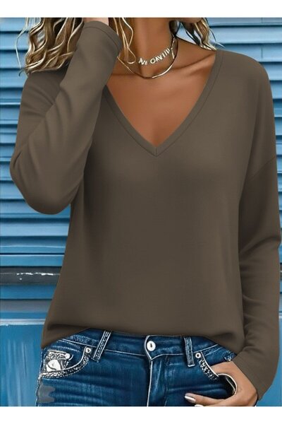 Zerenyus بلوزة نسائية بأكمام طويلة وياقة على شكل حرف V من الفيسكوز بخيطين لون...