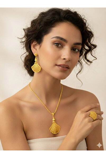 set.up 22 AYAR ALTIN KAPLAMA DENİZ KABUĞU MODEL KOLYE KÜPE VE YÜZÜK TAKIM ÜÇL...