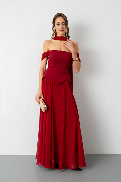 Lafaba Women's Burgundy Shawl Collar Strapless Promise Engagement Evening Dress