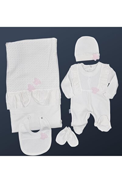 Baby day طقم مواليد بناتي تطريز فراشة – 5 قطع (لون أبيض)